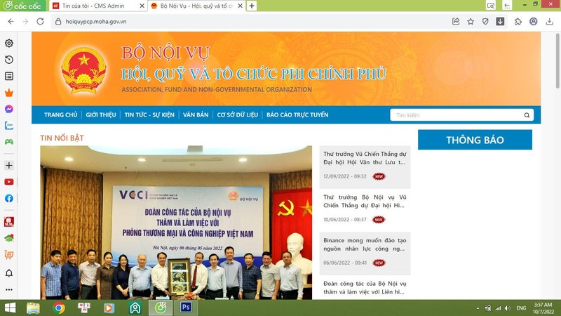 Giao diện chính của Trang Thông tin về Hội, Quỹ và Tổ chức Phi Chính phủ