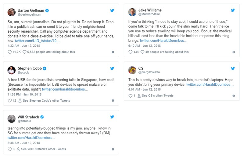 Các chuyên gia bảo mật khuyến nhà báo không cắm quạt USB vào điện thoại, hoặc đưa quạt cho những người biết về bảo mật để họ kiểm tra hộ