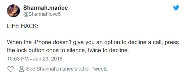 Nếu iPhone không cung cấp cho bạn nút Từ chối Cuộc gọi, bạn hãy bấm vào nút nguồn lần thứ nhất để tắt chuông, lần thứ hai để Từ chối Nếu iPhone không cung cấp cho bạn nút Từ chối Cuộc gọi, bạn hãy bấm vào nút nguồn lần thứ nhất để tắt chuông, lần thứ hai để Từ chối