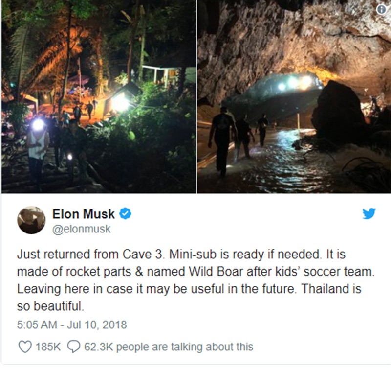 Elon Musk đăng tweet cho biết chiếc tàu lặn mini đã được ông gửi tới khu vực hang động, và sẵn sàng vào công tác cứu hộ bất cứ khi nào người Thái cần đến