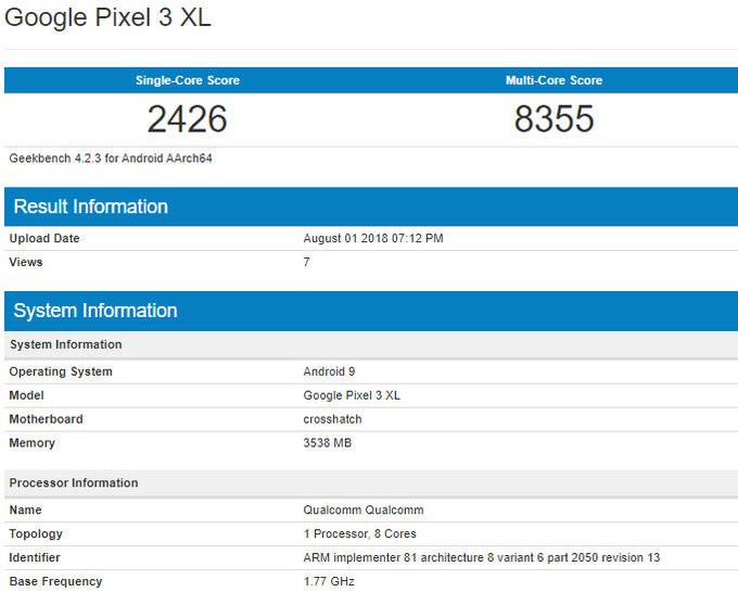 Điểm test Benchmark và một phần cấu hình Pixel 3 XL