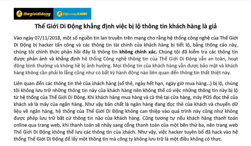Thông cáo Báo chí của TGDĐ về vụ việc hacker đánh cắp dữ liệu khách hàng
