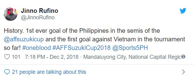 Lịch sử. Bàn thắng đầu tiên của Philippines tại vòng bán kết 1 kỳ AFF Cup và là bàn thắng đầu tiên ghi vào lưới Việt Nam Lịch sử. Bàn thắng đầu tiên của Philippines tại vòng bán kết 1 kỳ AFF Cup và là bàn thắng đầu tiên ghi vào lưới Việt Nam