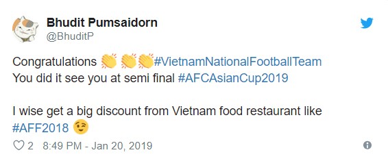 Xin chúc mừng, có lẽ nhiều nhà hàng ở Việt Nam sẽ giảm giá đồ ăn giống như ở AFF Cup