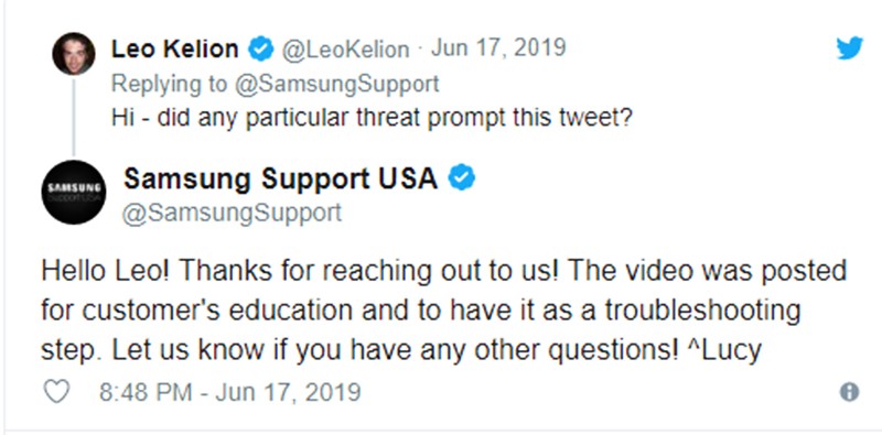 Dòng tweet trả lời khách hàng của Samsung