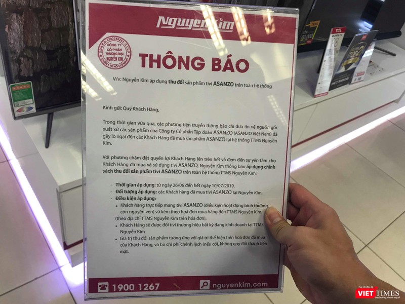 Hiện tại, toàn bộ hình ảnh, sản phẩm Asanzo đã được gỡ khỏi website Nguyễn Kim. Đồng thời, hệ thống điện máy này còn đưa ra thông báo thu đổi sản phẩm tivi Asanzo Hiện tại, toàn bộ hình ảnh, sản phẩm Asanzo đã được gỡ khỏi website Nguyễn Kim. Đồng thời, hệ thống điện máy này còn đưa ra thông báo thu đổi sản phẩm tivi Asanzo