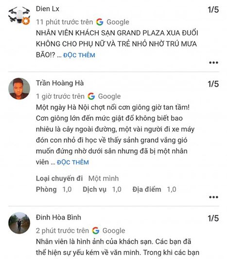 Phần nhận xét đánh giá khách sạn Grand Plaza Hà Nội trên Google Maps
