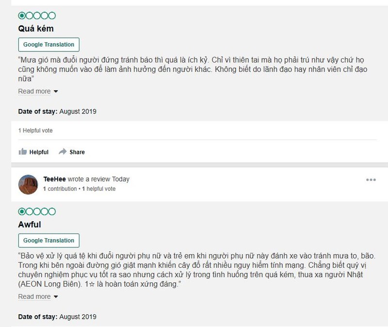 Phần nhận xét trên Trip Advisor