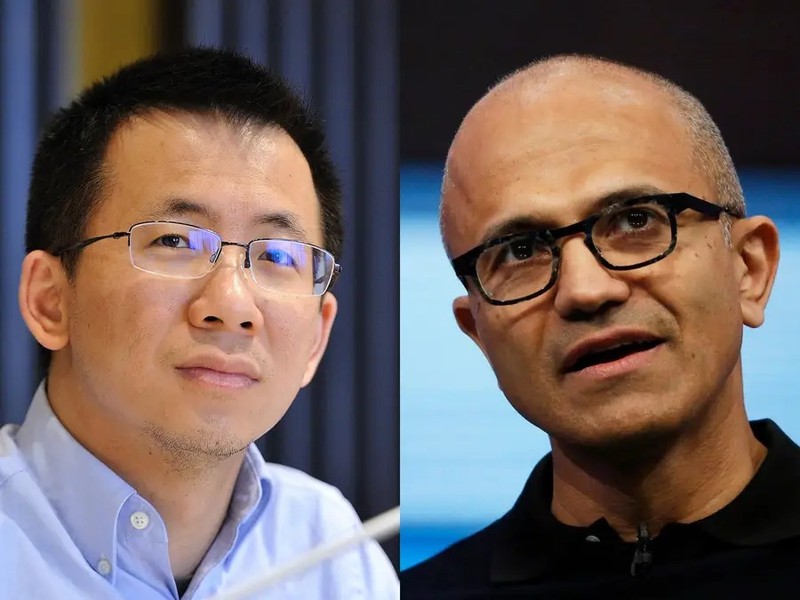 Giám đốc điều hành ByteDance Zhang Yiming (bên trái) và Giám đốc điều hành Microsoft Satya Nadella (ảnh: Getty Images)