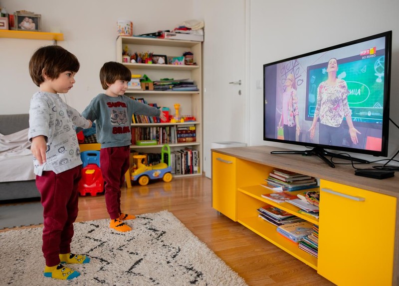 Cặp song sinh Maksim và Jan tập theo một chương trình TV trong lớp học được phát sóng trên kênh truyền hình quốc gia ở Skopje, Bắc Macedonia (ảnh: UNICEF)