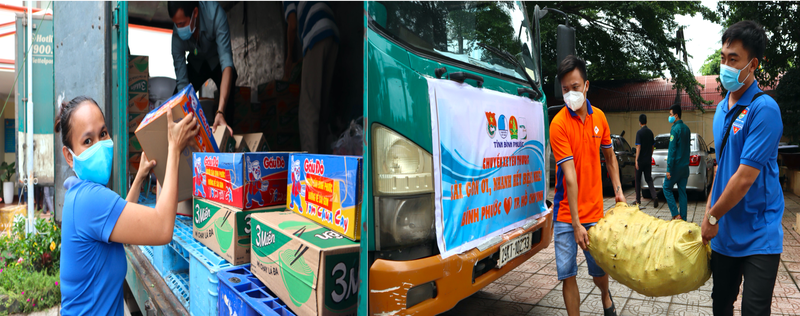 Các bạn trẻ Bình Phước hào hứng khuân vác nông sản và thực phẩm xếp lên xe để trao niềm yêu thương đến thành phố mang tên Bác