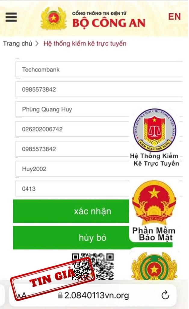 website giả mạo Cổng thông tin điện tử Bộ Công an