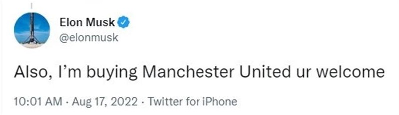Dòng tweet của Elon Musk nói về việc mua Manchester United