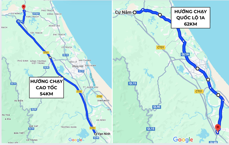 Tài xế ô tô đi trên cao tốc Bùng – Vạn Ninh (tuyến bên trái) có thể rút ngắn được 17 phút di chuyển so với lựa chọn đi trên hướng tuyến quốc lộ 1A cũ (tuyến bên phải)