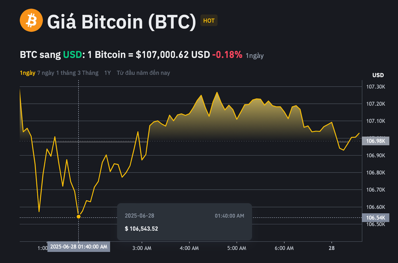 Giá Bitcoin có thời điểm chạm đáy ở mức 106.543 USD/BTC trong 24h qua.