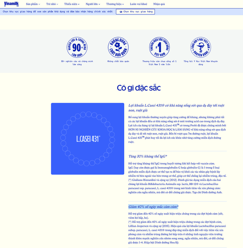 Trong cùng một phần giới thiệu sản phẩm nhưng nội dung thông tin quảng cáo về sản phẩm Vinamilk Probi của Vinamilk không có sự thống nhất. Ảnh chụp màn hình thông tin từ website của Vinamilk.