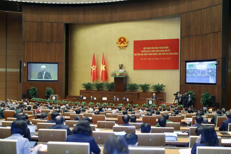 Hội nghị Văn hóa toàn quốc triển khai Nghị quyết Đại hội XIII của Đảng, tổ chức ngày 24-11-2021, đã tạo sức lan tỏa mạnh mẽ, nâng cao nhận thức trong toàn hệ thống chính trị và các tầng lớp nhân dân về vị trí, vai trò của văn hóa. Ảnh: Tuấn Minh