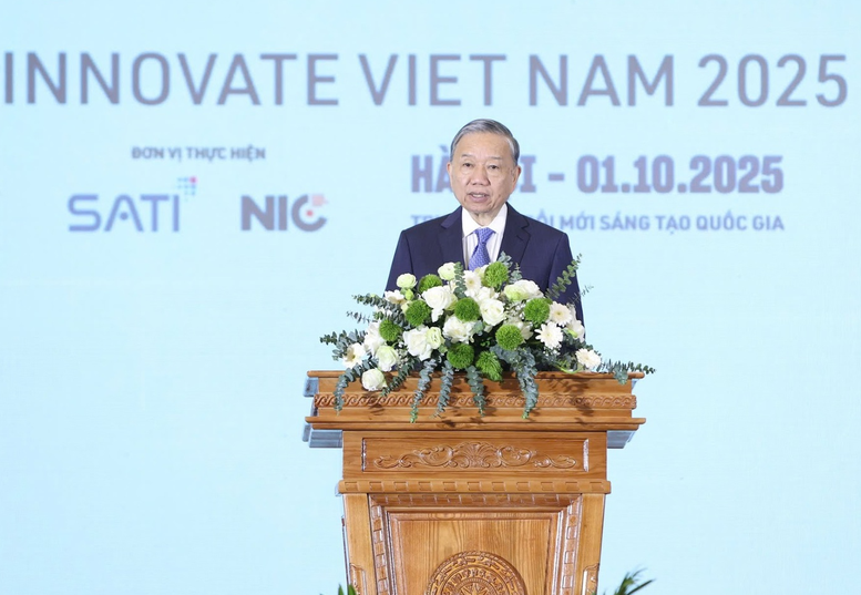 Tổng bí thư Tô Lâm phát biểu chỉ đạo tại Lễ hưởng ứng Ngày hội Đổi mới sáng tạo quốc gia 2025. Ảnh: VGP