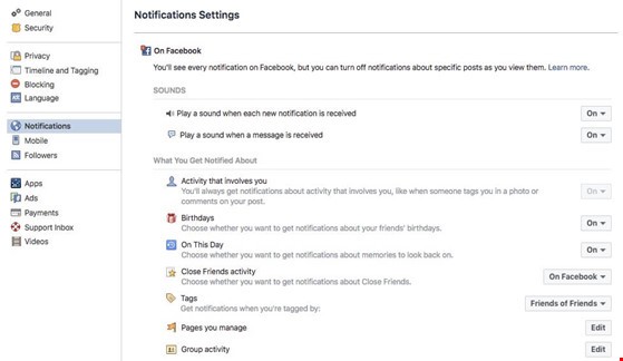 Cửa sổ thiết lập tính năng thông báo trên Facebook. Ảnh: M.HOÀNG