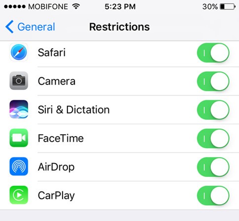 Chặn một số tính năng như In-App Purchases sẽ hạn chế việc mất chi phí từ tài khoản ngân hàng.