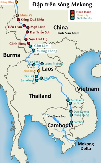 Các con đập đã hoàn thành, đang xây và dự kiến xây trên sông Mekong. Đồ họa:Michael Buckley