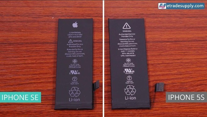 Dung lượng pin của iPhone SE là 1.624 mAh cao hơn của 5S (1.560 mAh). Việc thay thế pin cho hai thiết bị là không thể do các vi mạch kết nối của chúng không giống nhau.