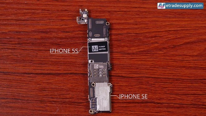 Bo mạch chủ của iPhone SE lớn hơn 5S, theoEtradesupplybo mạch chủ trên iPhone 5S có thể thay thế cho SE nhưng không thể thực hiện điều ngược lại. Tuy nhiên, họ không xác nhận nếu thay bo mạch chủ của 5S lên SE thì máy có hoạt động được hay không.