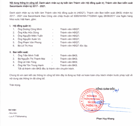 Danh sách nhân dự dự kiến làm thành viên HĐQT và BKS của Sacombank được NHNN thông qua