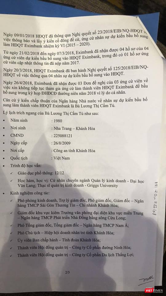 ĐHĐCĐ Eximbank: 3 ứng viên xin rút vào phút chót, cựu CEO Nam A Bank Lương Thị Cẩm Tú “một mình một ngựa“ ảnh 1