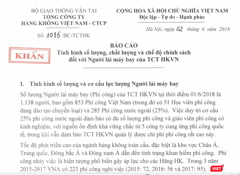 Báo cáo “khẩn” của Vietnam Airlines về tình hình và chế độ chính sách cho phi công. (Ảnh chụp văn bản) Báo cáo “khẩn” của Vietnam Airlines về tình hình và chế độ chính sách cho phi công. (Ảnh chụp văn bản)