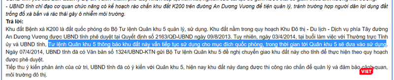 Theo lãnh đạo Bình Định, Tư lệnh Quân khu 5 từng thông báo khu đất K200 vẫn tiếp tục sử dụng cho mục đích quốc phòng nhưng... Theo lãnh đạo Bình Định, Tư lệnh Quân khu 5 từng thông báo khu đất K200 vẫn tiếp tục sử dụng cho mục đích quốc phòng nhưng...