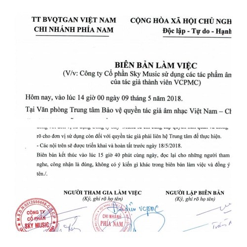 Biên bản làm việc giữa VCPMC và Sky Music.