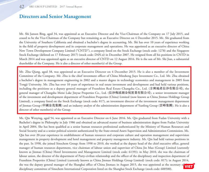 Thuyết minh về ông Zhu Qiang trong Báo cáo thường niên 2017 của SRE Group Limited. Thuyết minh về ông Zhu Qiang trong Báo cáo thường niên 2017 của SRE Group Limited.