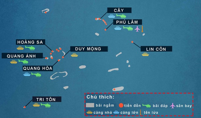 Sơ đồ 8 vị trí thuộc Hoàng Sa bị Trung Quốc quân sự hóa phi pháp ẢNH: CSIS/ĐỒ HỌA: MINH PHƯƠNG