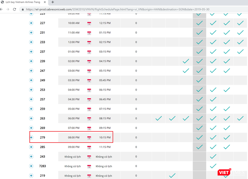 Lịch bay trên website của VNA cho thấy, chuyến bay VN279 thường xuyên, nếu không phải là bao giờ cũng, có thời gian khởi hành vào lúc 20h00 và thời gian đến là 22h15 cùng ngày. (Ảnh chụp màn hình) Lịch bay trên website của VNA cho thấy, chuyến bay VN279 thường xuyên, nếu không phải là bao giờ cũng, có thời gian khởi hành vào lúc 20h00 và thời gian đến là 22h15 cùng ngày. (Ảnh chụp màn hình)