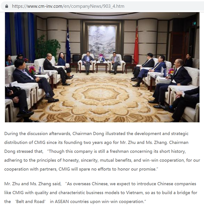 Đoàn doanh nghiệp Việt gốc Hoa dẫn đầu bởi vợ chồng doanh nhân Chu Lập Cơ - Trương Mỹ Lan sang thăm và làm việc với Tập đoàn CIMG cuối tháng 10/2016. (Nguồn ảnh: CIMG)