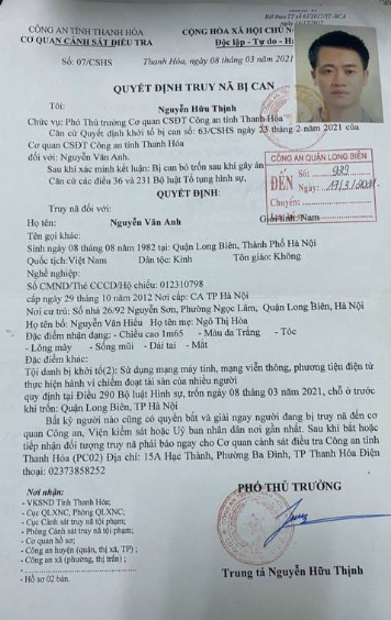 Quyết định truy nã Nguyễn Văn Anh. (Ảnh: VTV)
