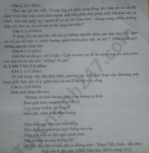 Đề thi tuyển sinh vào lớp 10 môn Ngữ Văn tỉnh Tiền Giang