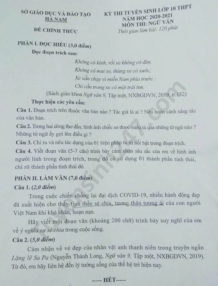 Đề thi môn Ngữ Văn. Nguồn: TTHN