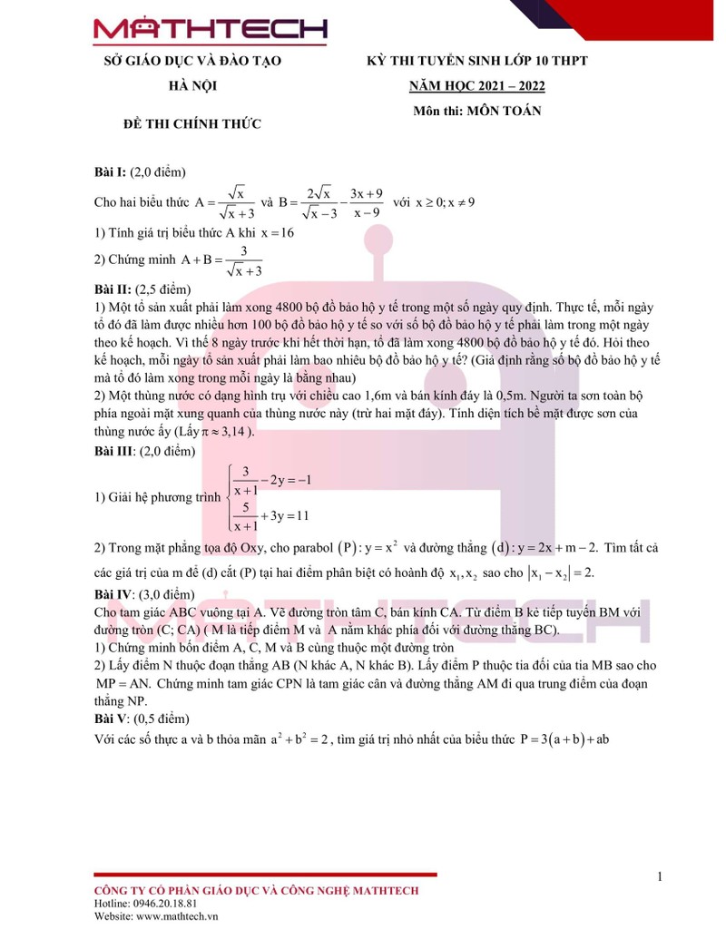 Đáp án đề thi tuyển sinh lớp 10 môn Toán TP Hà Nội năm 2021 ảnh 1