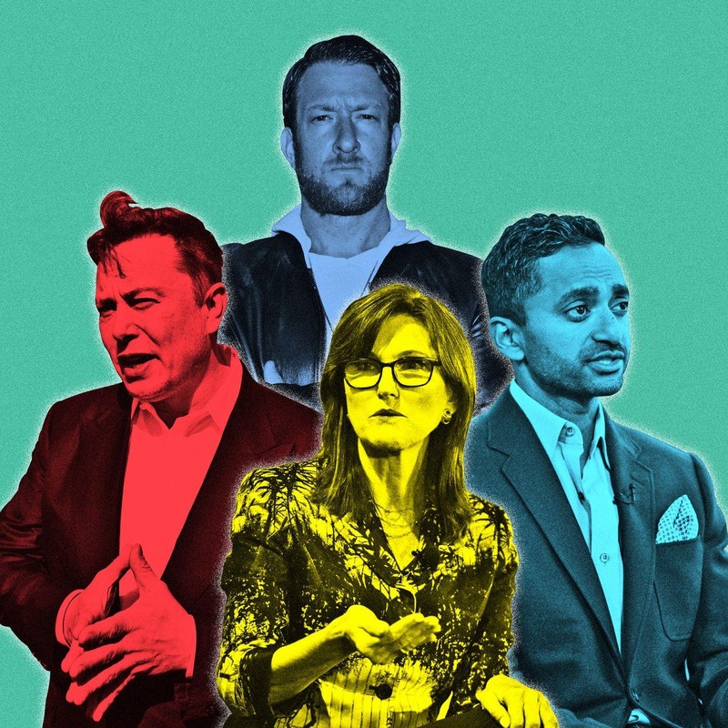 Những "ngôi sao đầu tư" mới, gồm Elon Musk, Cathie Wood, David Portnoy và Chamath Palihapitiya. Ảnh: WSJ. Những "ngôi sao đầu tư" mới, gồm Elon Musk, Cathie Wood, David Portnoy và Chamath Palihapitiya. Ảnh: WSJ.