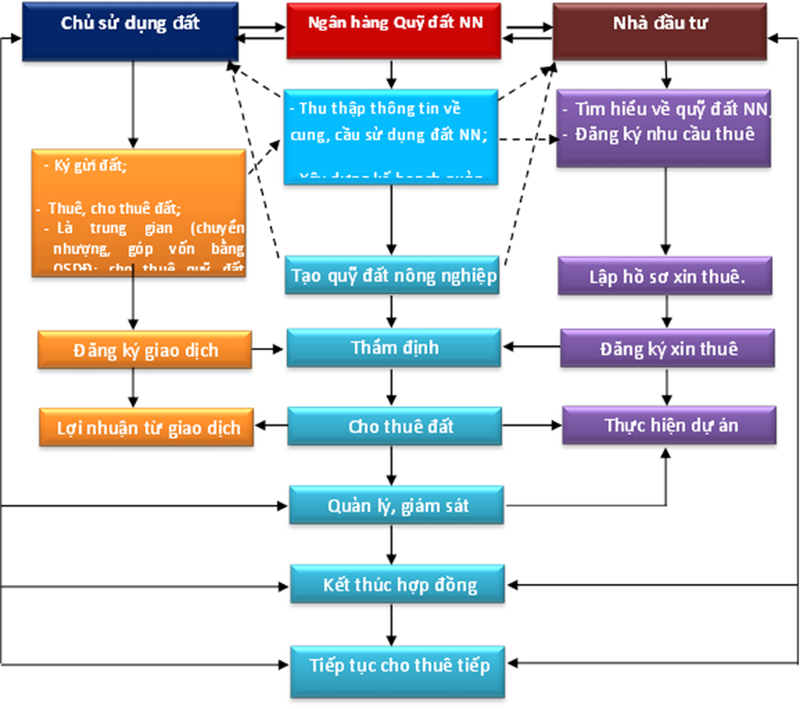 Sơ đồ quy trình hoạt động của Ngân hàng Quỹ đất nông nghiệp (Nguồn: RILA)