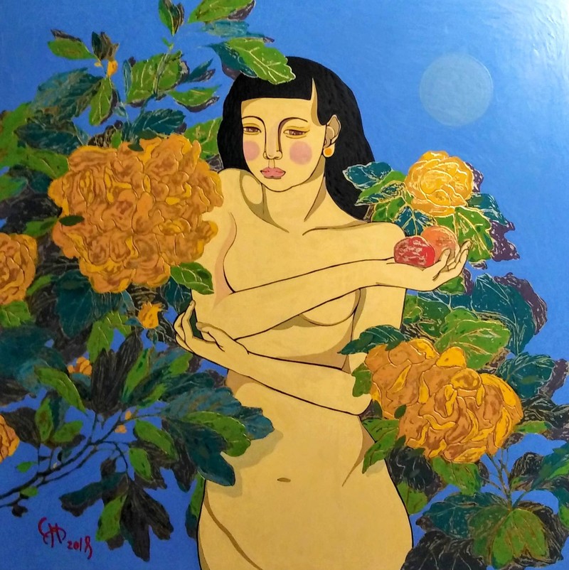 Trái cấm (sơn mài, 80x80) của họa sĩ Lê Anh Cẩn