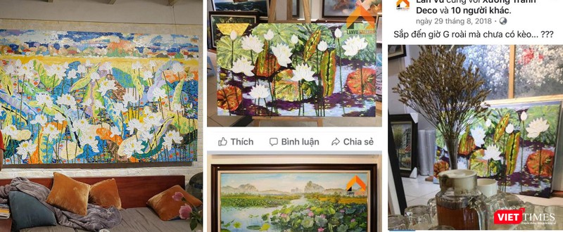 Tranh Sen nguyên tác của họa sĩ Đặng Phương Việt (bên trái) và tranh bị Lân Vũ Gallery sao chép (bên phải)