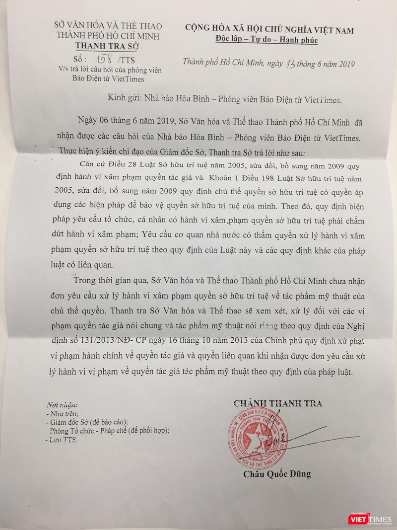 Văn bản số 158/TTS, chánh thanh tra Sở VHTT TP.HCM trả lời câu hỏi của VietTimes về nạn chép tranh, vi phạm bản quyền tác giả tràn lan Văn bản số 158/TTS, chánh thanh tra Sở VHTT TP.HCM trả lời câu hỏi của VietTimes về nạn chép tranh, vi phạm bản quyền tác giả tràn lan