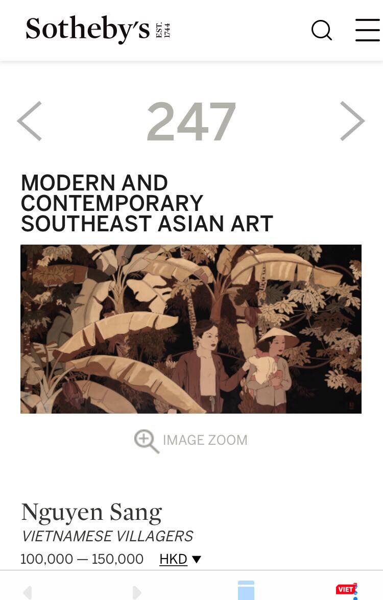 Trang web của Sotheby's đang rao bán bức "Dân quê Việt" ở lot 247 đề tên danh họa Nguyễn Sáng, với mức giá đề xuất bị đánh giá là "bèo bọt" chỉ 100.000 - 150.000 đô la Hong Kong