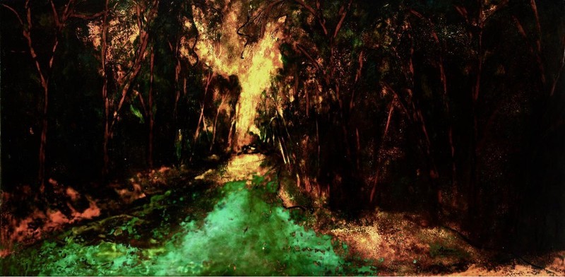 Tác phẩm “Nắng xiên đại ngàn”, sơn mài trên vóc, 60cm x 120cm, 2018