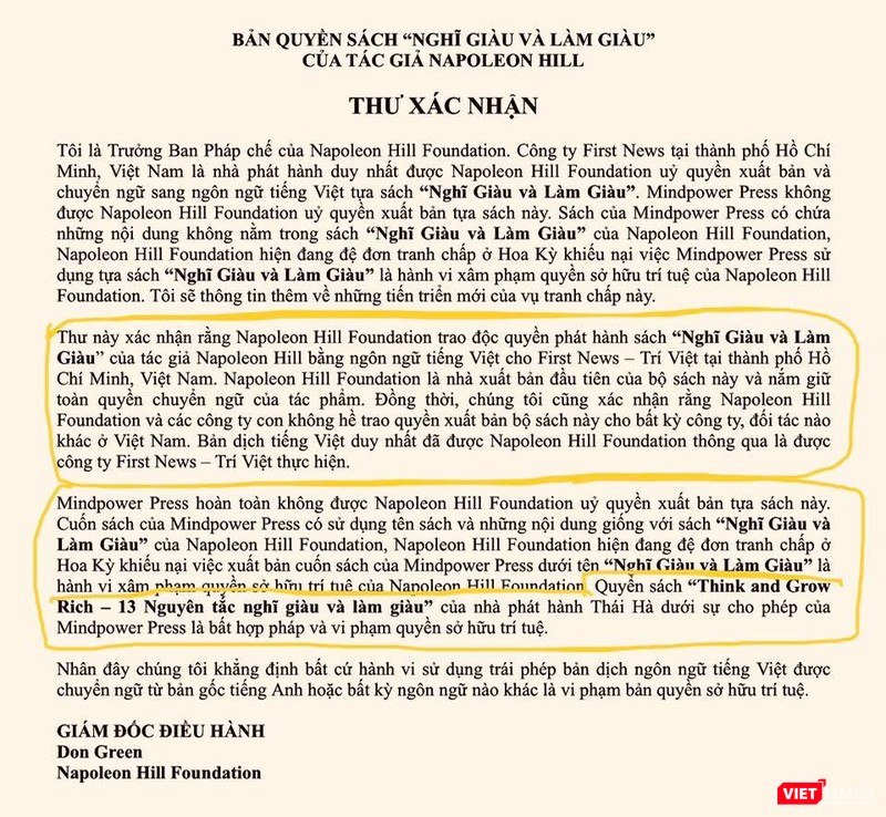 Thư xác nhận của tổ chức Napoleon Hill bản tiếng Việt