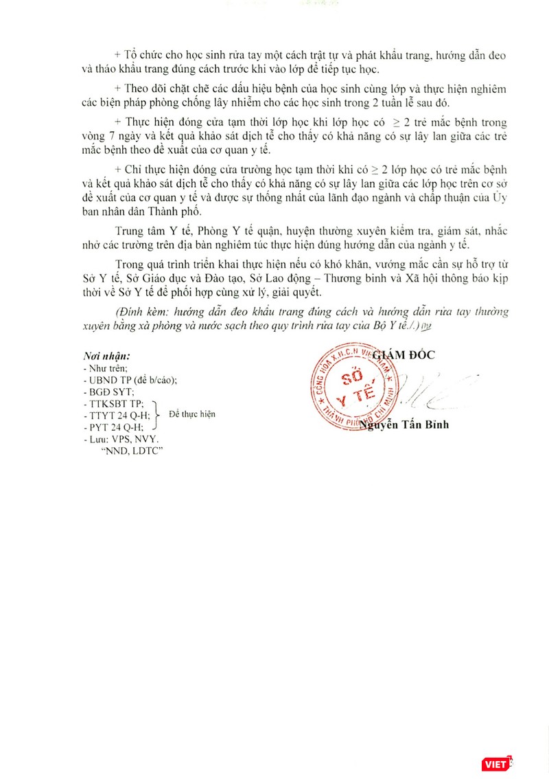 Công văn của Sở Y tế TP.HCM gửi Sở GD&ĐT và Sở Lao động Thương binh & Xã hội 