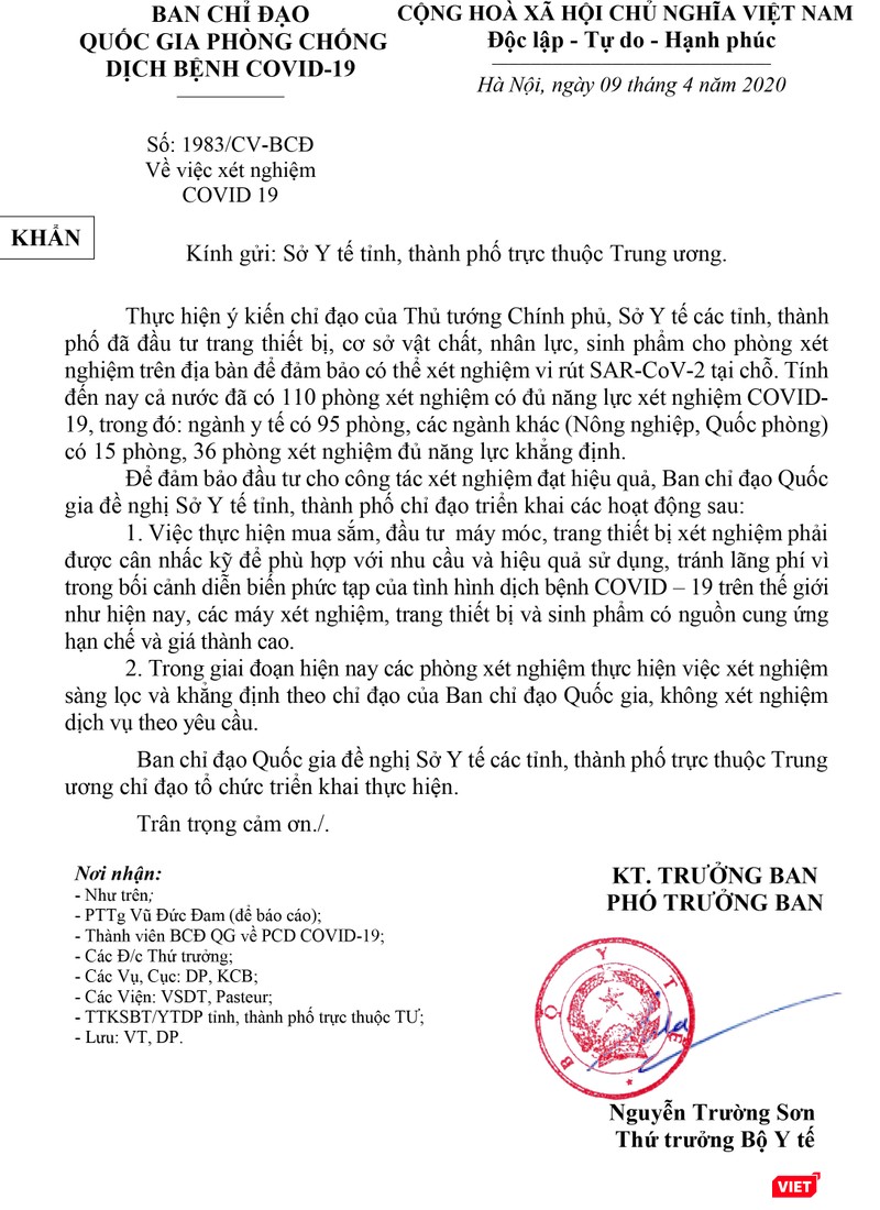 Công văn khẩn không cho phép xét nghiệm COVID theo yêu cầu